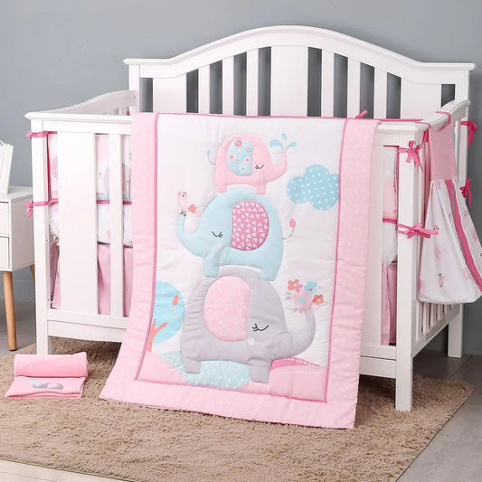 Three-Piece Cute Cartoon Elephants Theme Crib Bedding