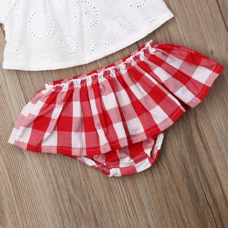 3Pcs Summer Off Shoulder Lace Tops+ Red Plaid Short Dress Headband Outfit