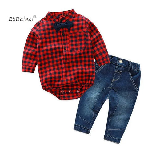 2Pc/set Long Sleeve Plaid T-shirt Baby Romper+ Jean Pant Overalls