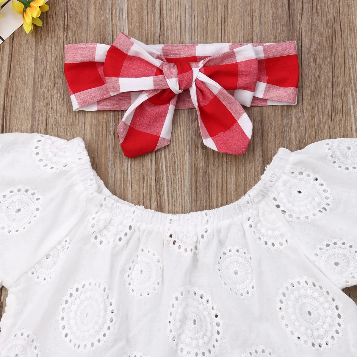 3Pcs Summer Off Shoulder Lace Tops+ Red Plaid Short Dress Headband Outfit
