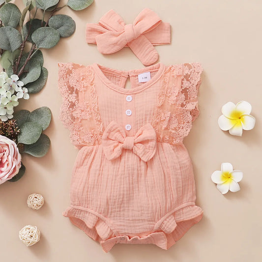 0-18 Months Girl Lace Flared Sleeve Summer Romper with Headband
